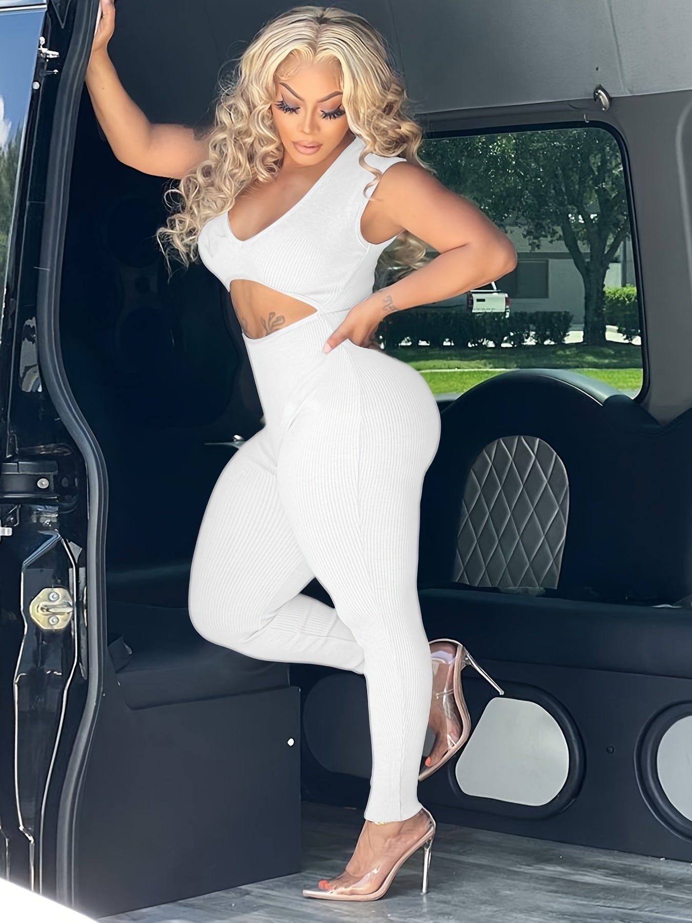 Sexy Solid Cut Out Sleeveless Bodycon Jumpsuit