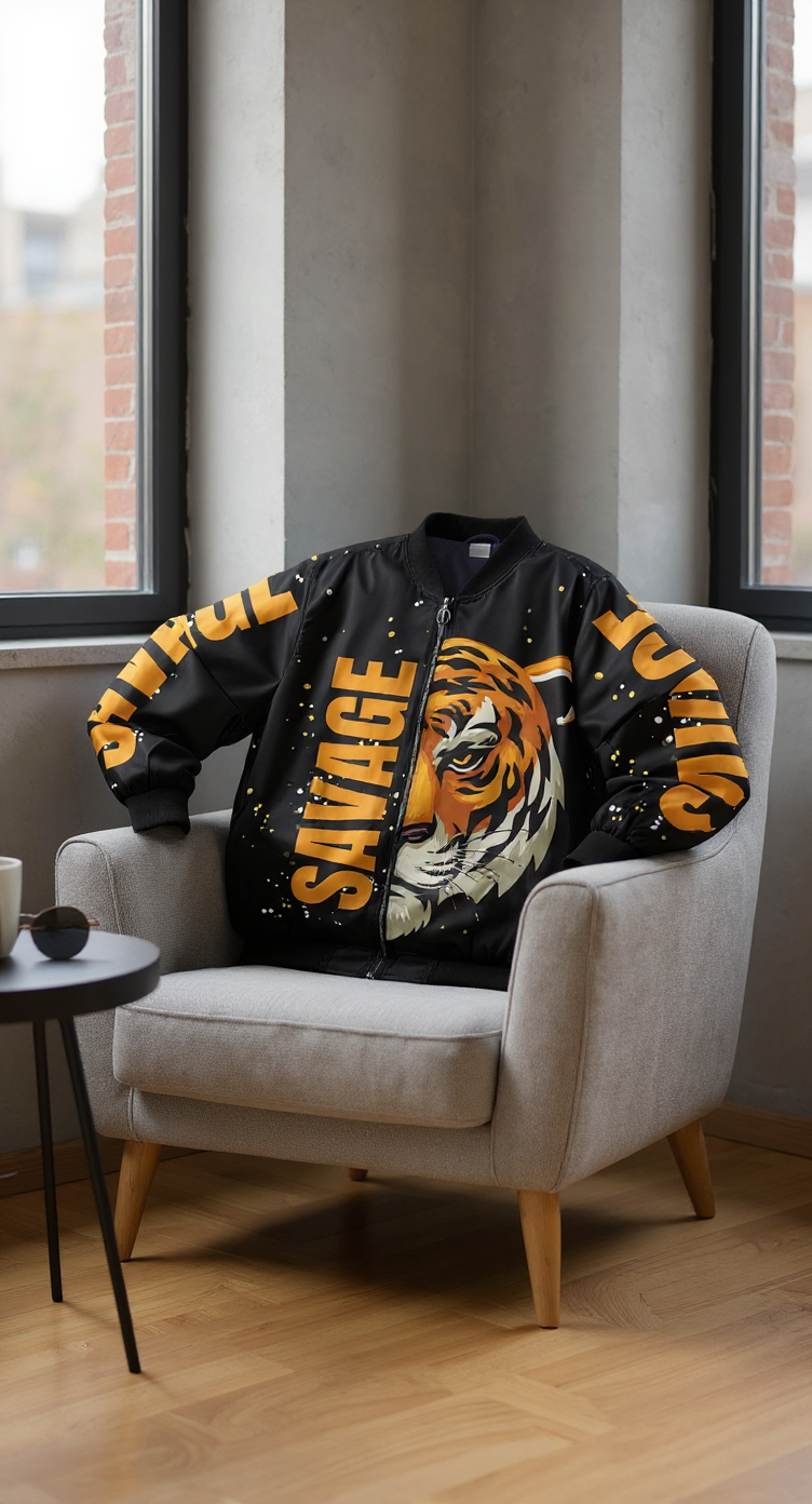 Savage Tiger Men's Bomber Jacket, Streetwear Jacket, Cool Casual Outerwear, Statement Piece, Gift for Him