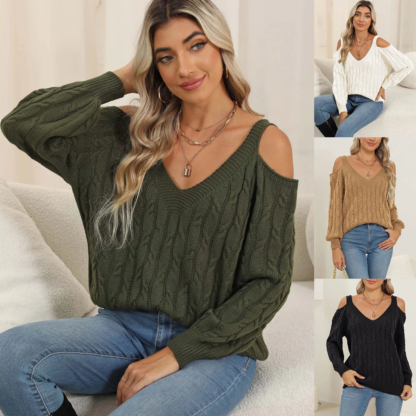 Casual Long Sleeve off the Shoulder Ladies Knitwear Pullover