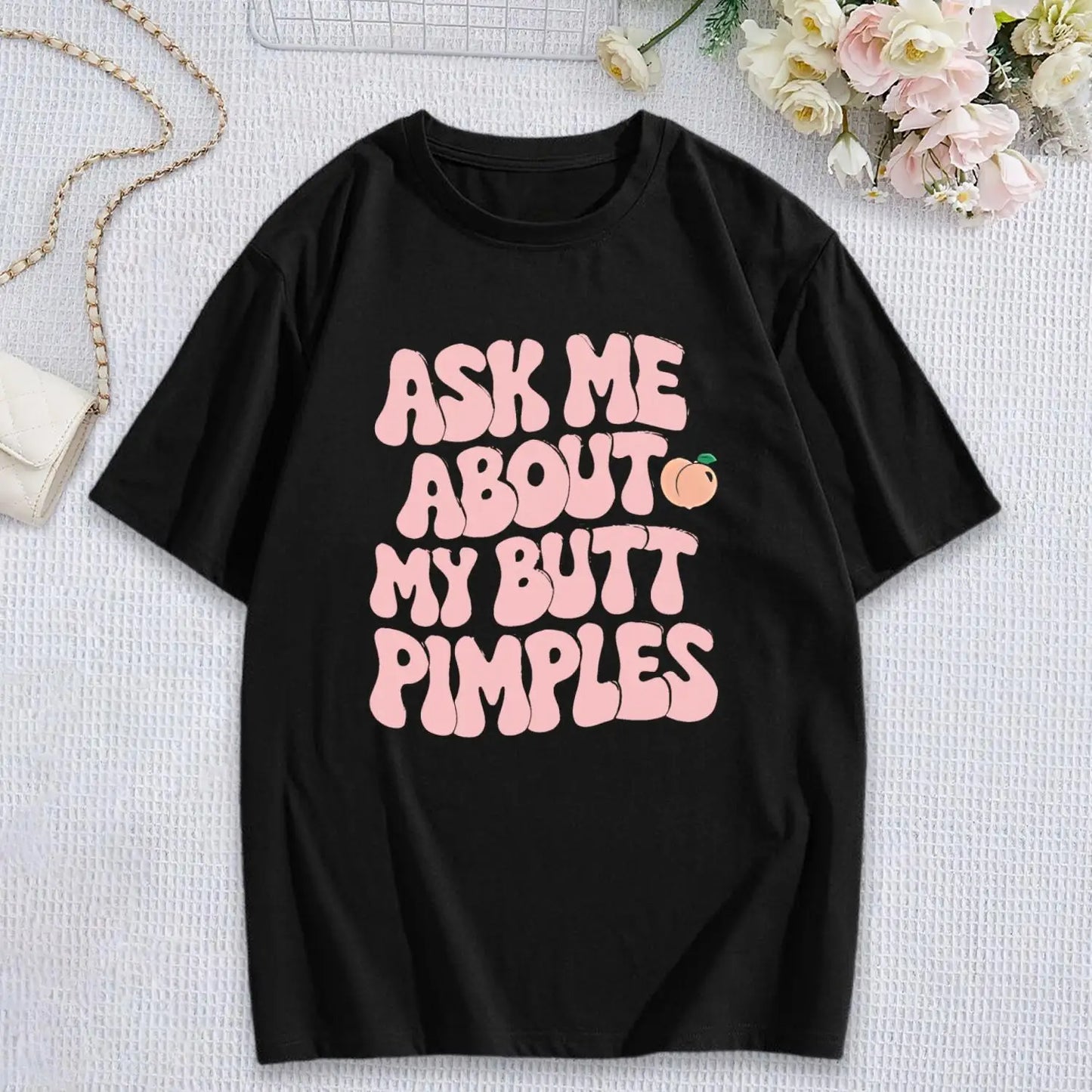 Women's Funny Graphic T-Shirt, Cute Peach Design, Short Sleeve Tee, Trendy Casual Summer Top, Unique Humor Gift