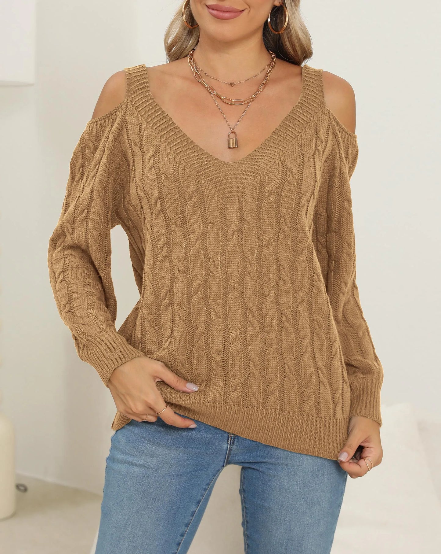 Casual Long Sleeve off the Shoulder Ladies Knitwear Pullover