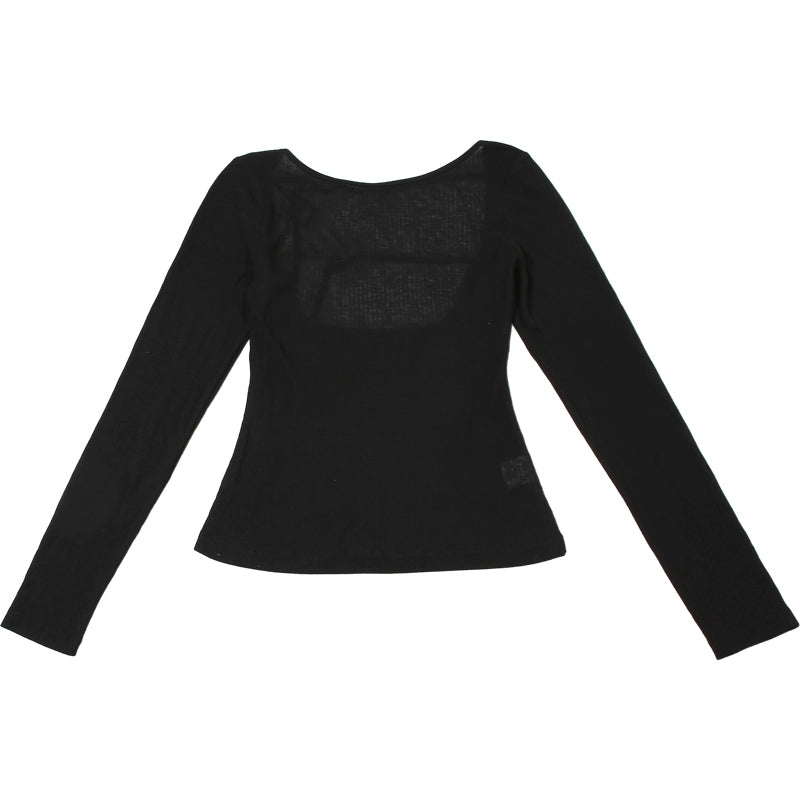 Sylcue Diagonal Collar Slim Fit Backless Upper Clothes Long Sleeves T-shirt