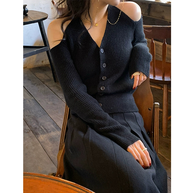 Shoulder Digging V-neck Halter Sweater Bottoming Shirt Women's Inner Wear Western Style Early Autumn New Arrival Long Sleeves Knitting Cardigan off-the-Shoulder Tops