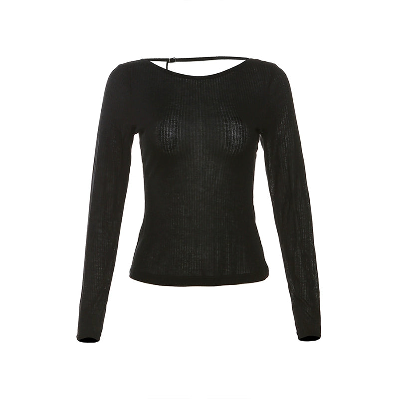 Sylcue Diagonal Collar Slim Fit Backless Upper Clothes Long Sleeves T-shirt