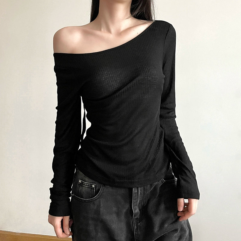Sylcue Diagonal Collar Slim Fit Backless Upper Clothes Long Sleeves T-shirt