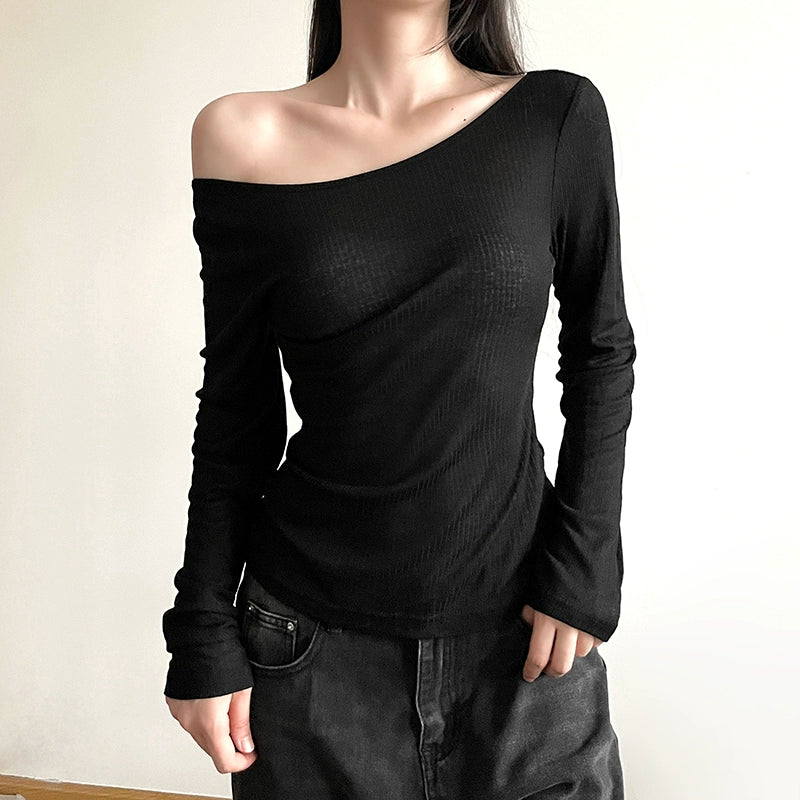 Sylcue Diagonal Collar Slim Fit Backless Upper Clothes Long Sleeves T-shirt