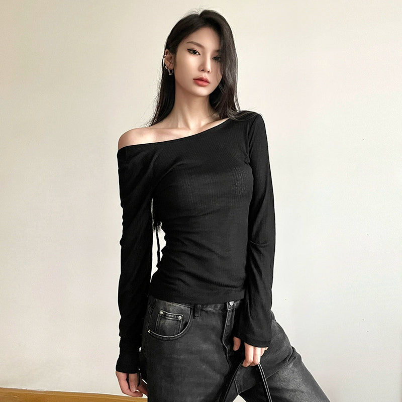 Sylcue Diagonal Collar Slim Fit Backless Upper Clothes Long Sleeves T-shirt