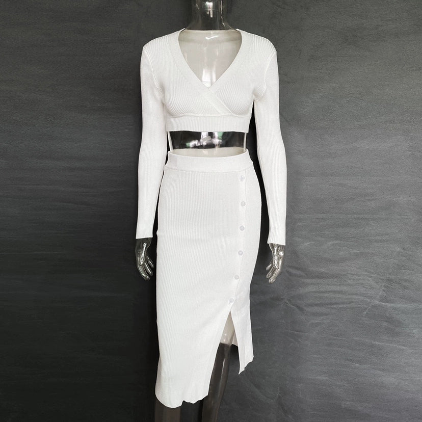 Elegant Long Sleeves V-neck Tops and Mid-Length Dress Set