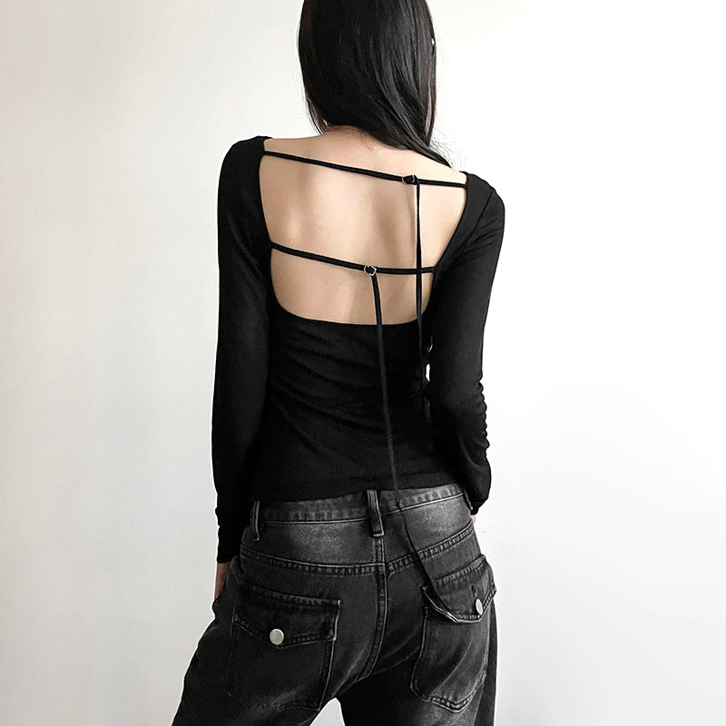 Sylcue Diagonal Collar Slim Fit Backless Upper Clothes Long Sleeves T-shirt