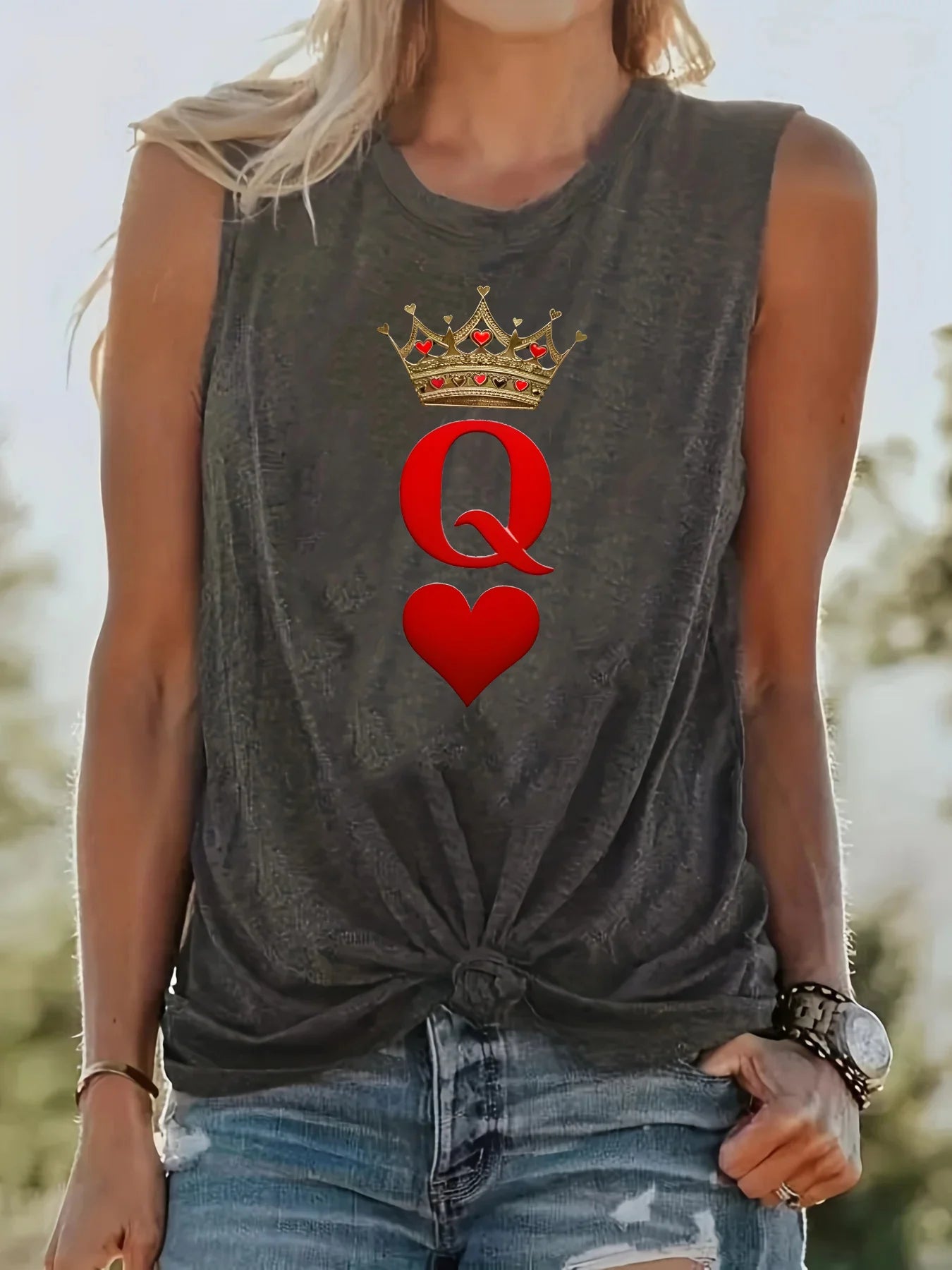 Women's Summer Casual Loose Size Q Letter Crown Pattern Printed Round Neck Sleeveless Tank Top Fashion T-shirt