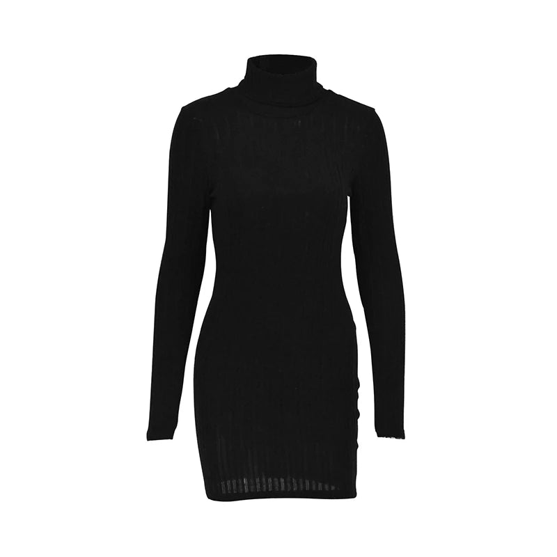 Sexy and Elegant Solid Long Sleeves Turtleneck Bodycon Sheath Mini Dress
