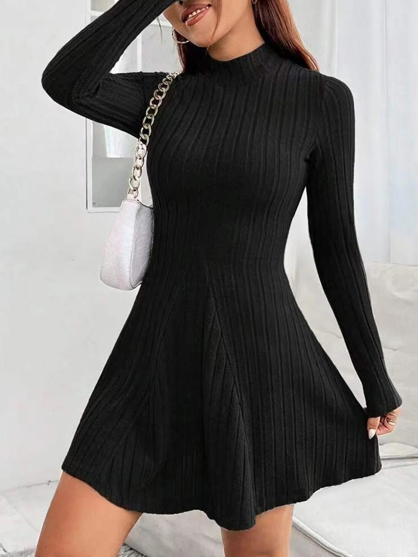 Women's slim fit half high collar waist cinched dress