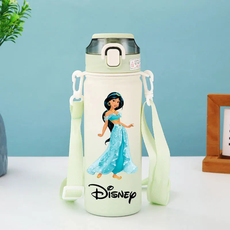 Disney Princesses - Straw Cup, Children's Portable Strap Rope stainless steel Vacuum Water Bottle