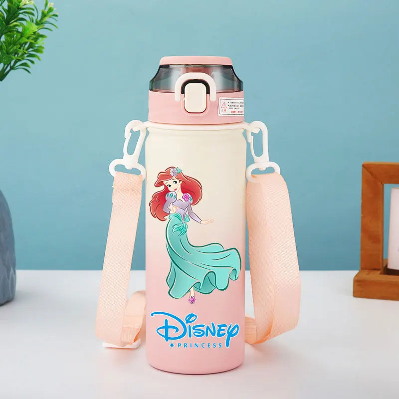 Disney Princesses - Straw Cup, Children's Portable Strap Rope stainless steel Vacuum Water Bottle