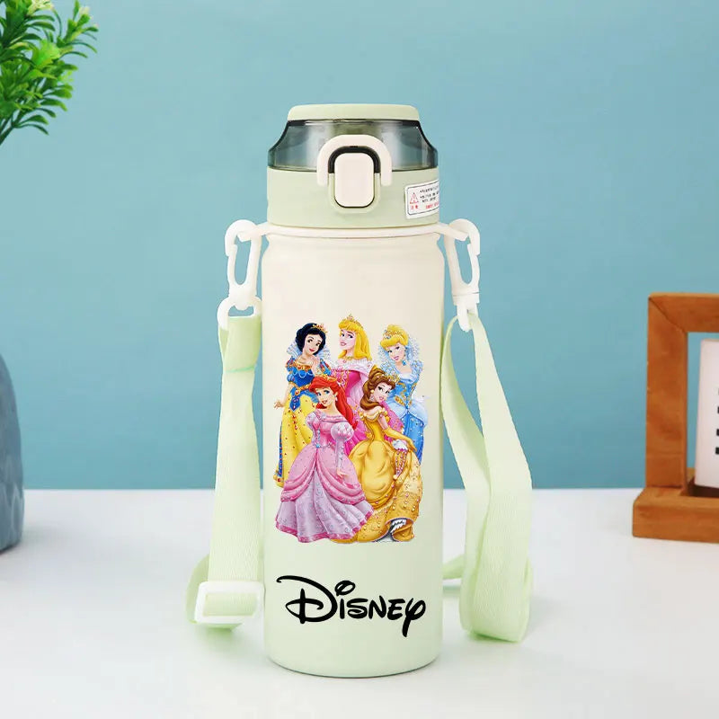 Disney Princesses - Straw Cup, Children's Portable Strap Rope stainless steel Vacuum Water Bottle