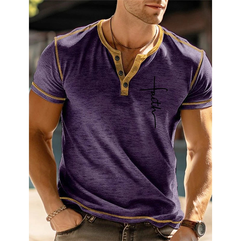 Faith 3D Print Henley Men's Fashion Streetwear