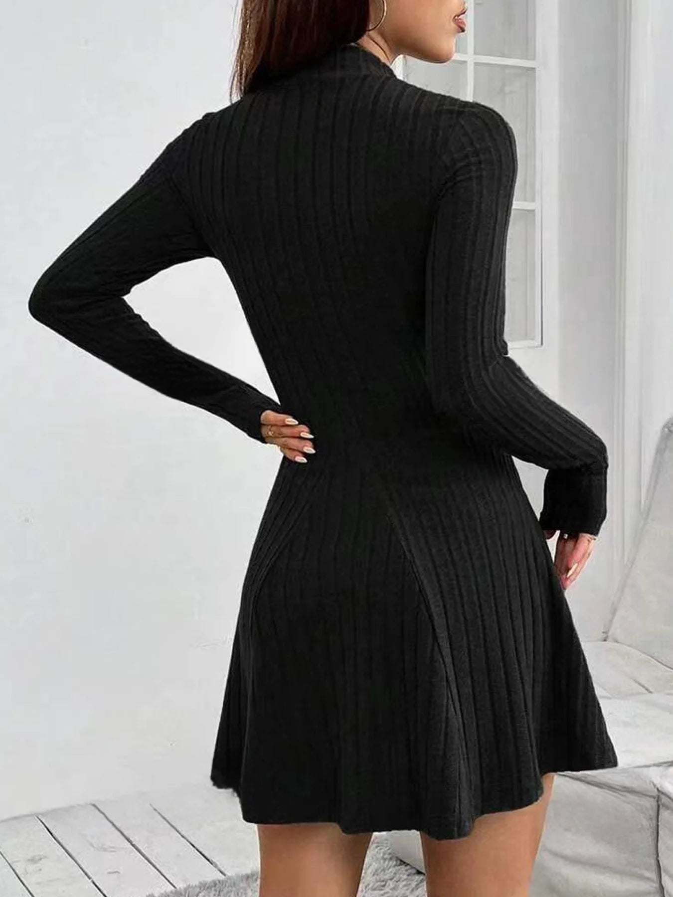 Women's slim fit half high collar waist cinched dress