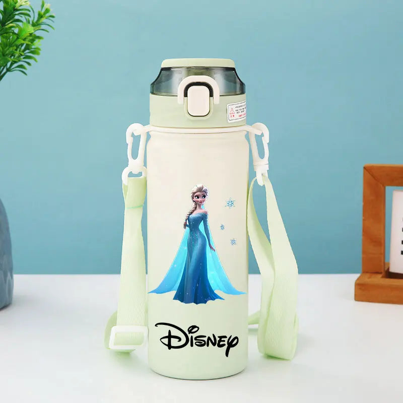 Disney Princesses - Straw Cup, Children's Portable Strap Rope stainless steel Vacuum Water Bottle
