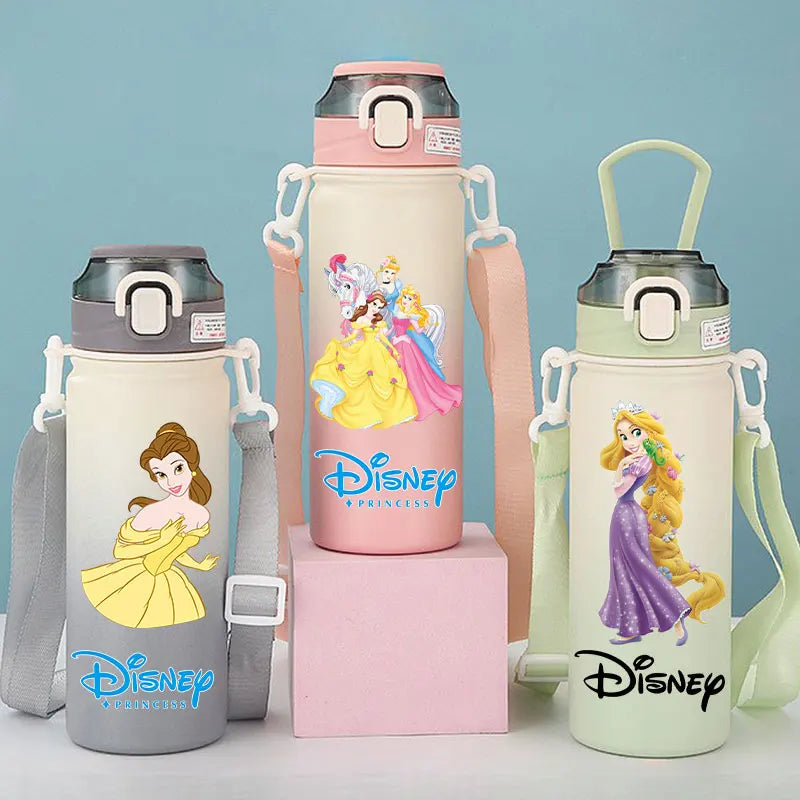 Disney Princesses - Straw Cup, Children's Portable Strap Rope stainless steel Vacuum Water Bottle