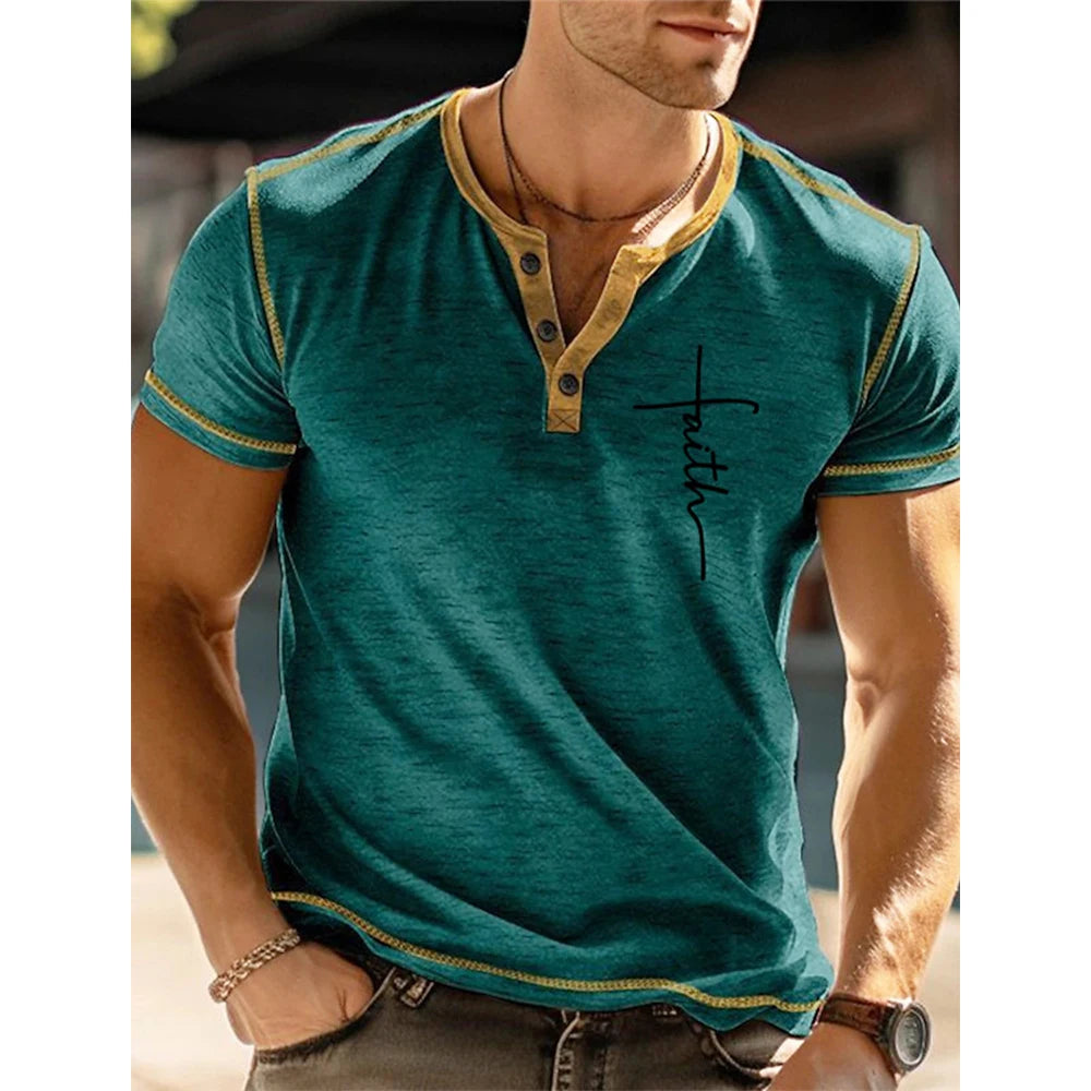 Faith 3D Print Henley Men's Fashion Streetwear