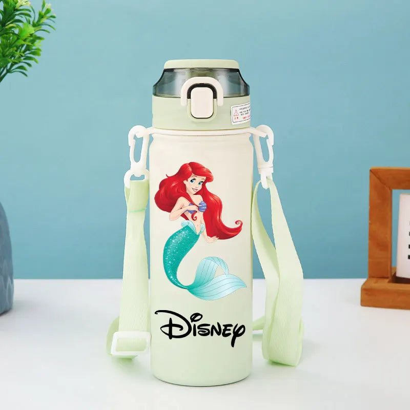 Disney Princesses - Straw Cup, Children's Portable Strap Rope stainless steel Vacuum Water Bottle