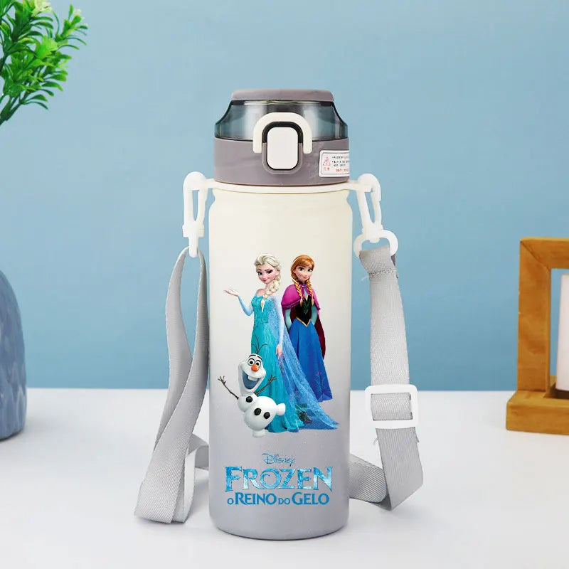 Disney Princesses - Straw Cup, Children's Portable Strap Rope stainless steel Vacuum Water Bottle