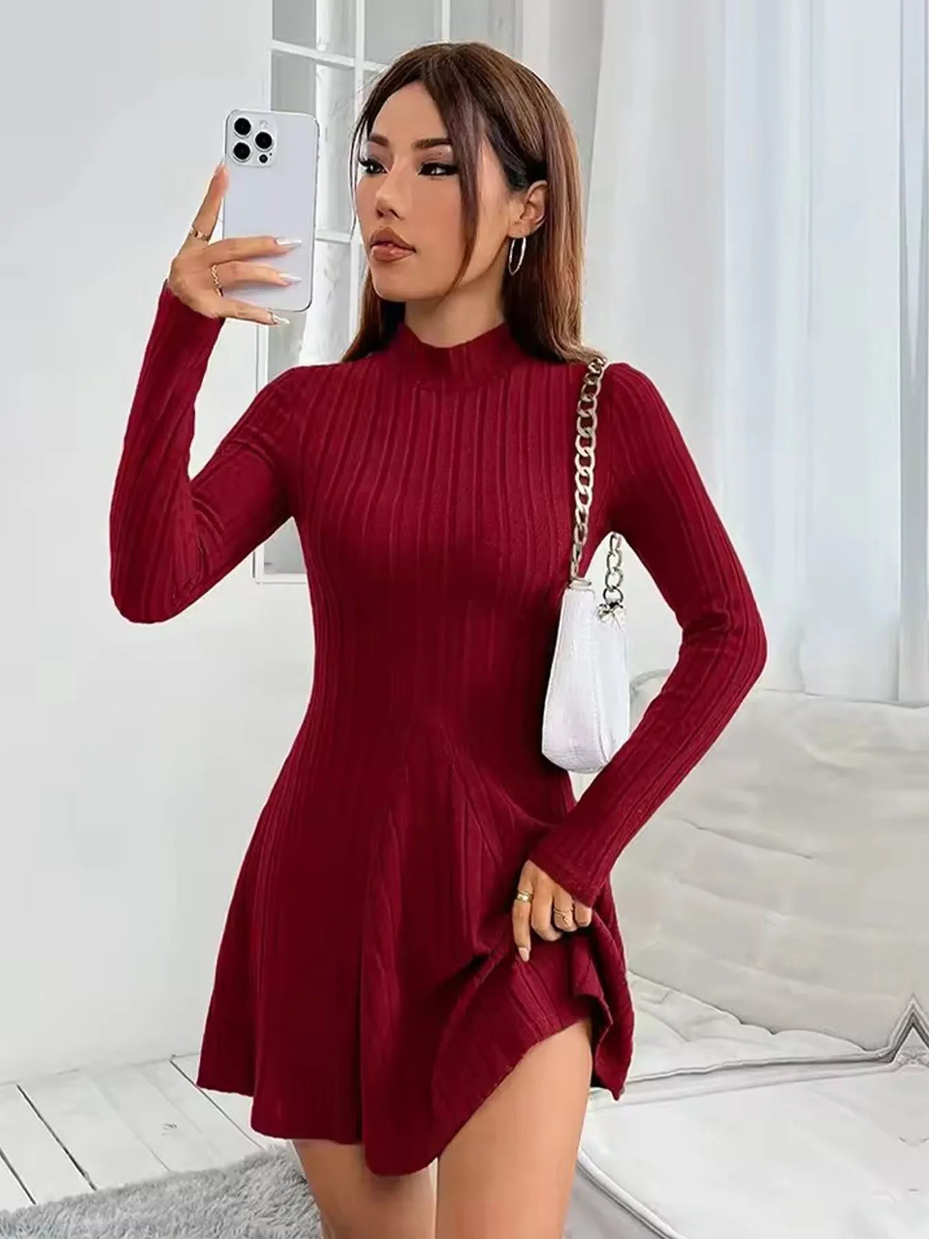 Women's slim fit half high collar waist cinched dress