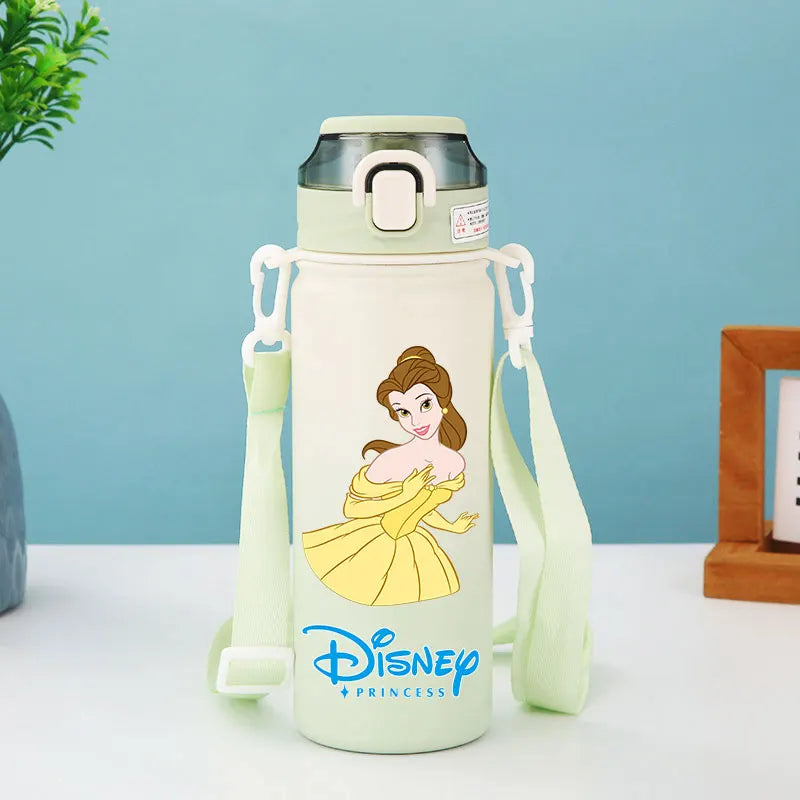 Disney Princesses - Straw Cup, Children's Portable Strap Rope stainless steel Vacuum Water Bottle