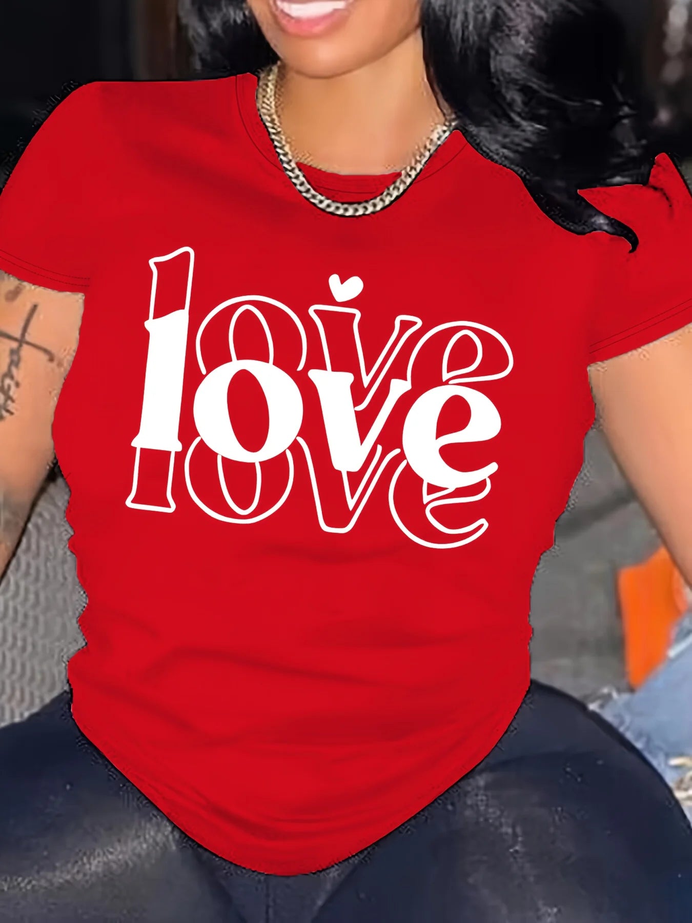 Women's "LOVE" Graphic Tee - Red Stretchy Polyester & Elastane Blend Short Sleeve Round Neck Comfort Fit T-Shirt