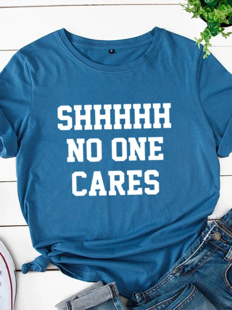 No One Cares Print Women T Shirt Short Sleeve O Neck Loose Women Tshirt Ladies Tee Shirt Tops Clothes Camisetas Mujer