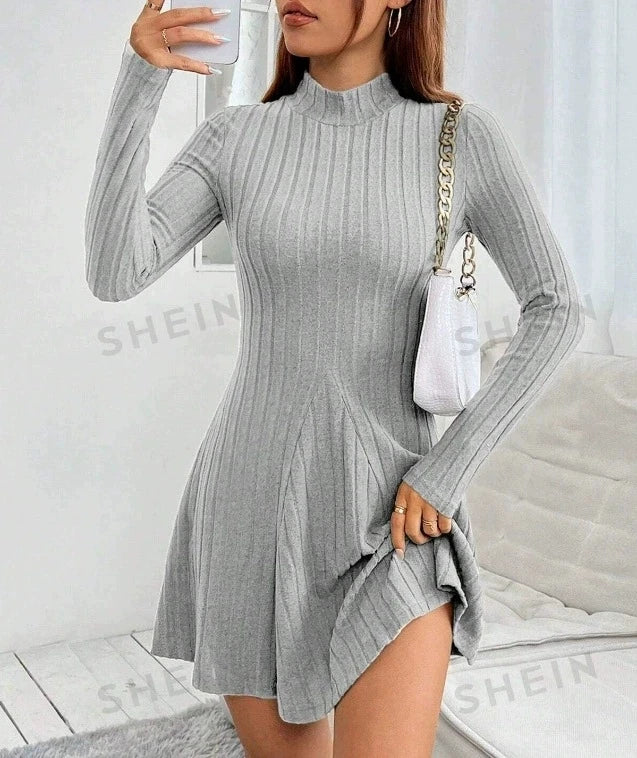 Women's slim fit half high collar waist cinched dress