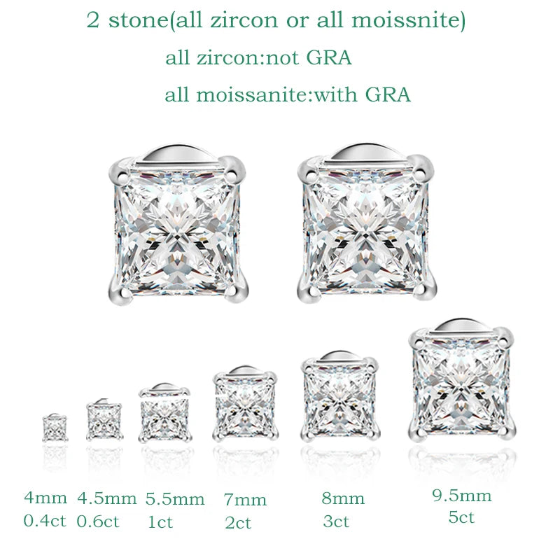 Smyoue Princess Cut 0.4-5CT Moissanite Stud Earrings for Women Men VVS Simulated Diamond Ear Studs 925 Sterling Silver Jewelry