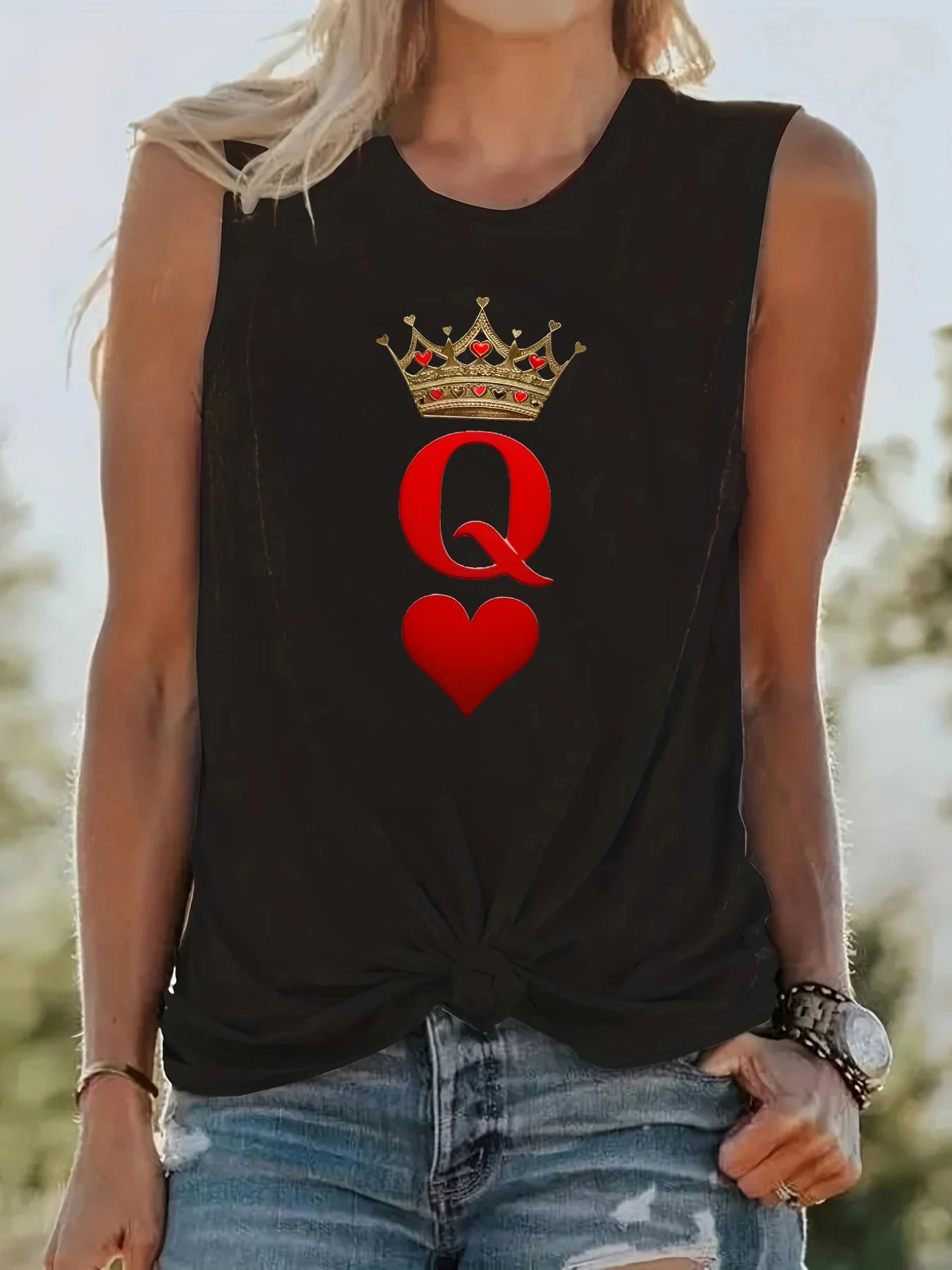 Women's Summer Casual Loose Size Q Letter Crown Pattern Printed Round Neck Sleeveless Tank Top Fashion T-shirt