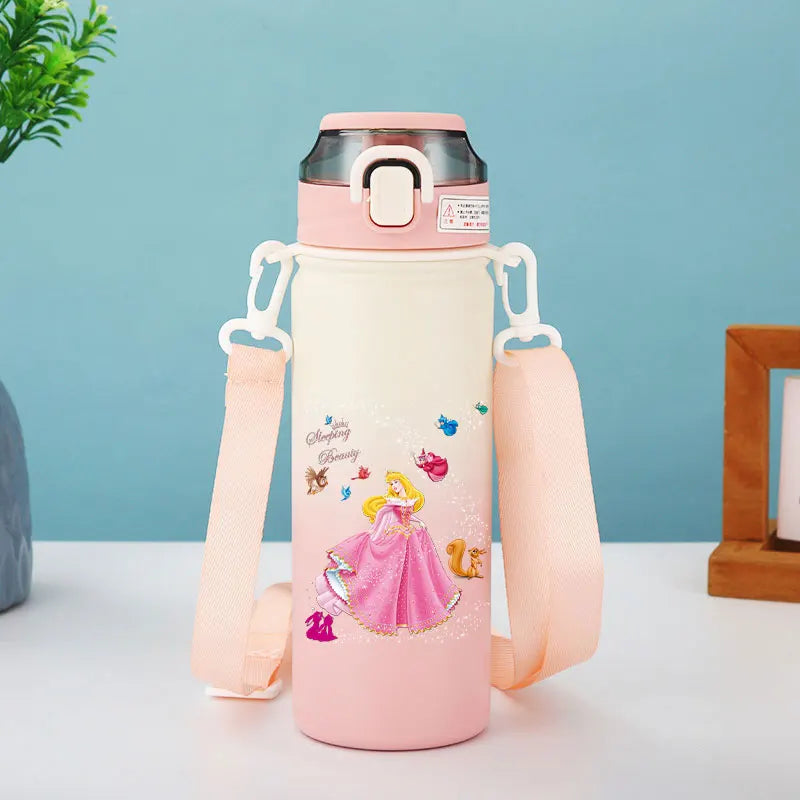 Disney Princesses - Straw Cup, Children's Portable Strap Rope stainless steel Vacuum Water Bottle