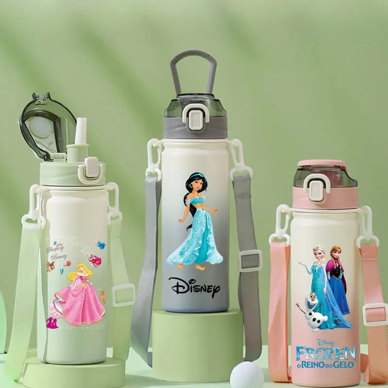 Disney Princesses - Straw Cup, Children's Portable Strap Rope stainless steel Vacuum Water Bottle
