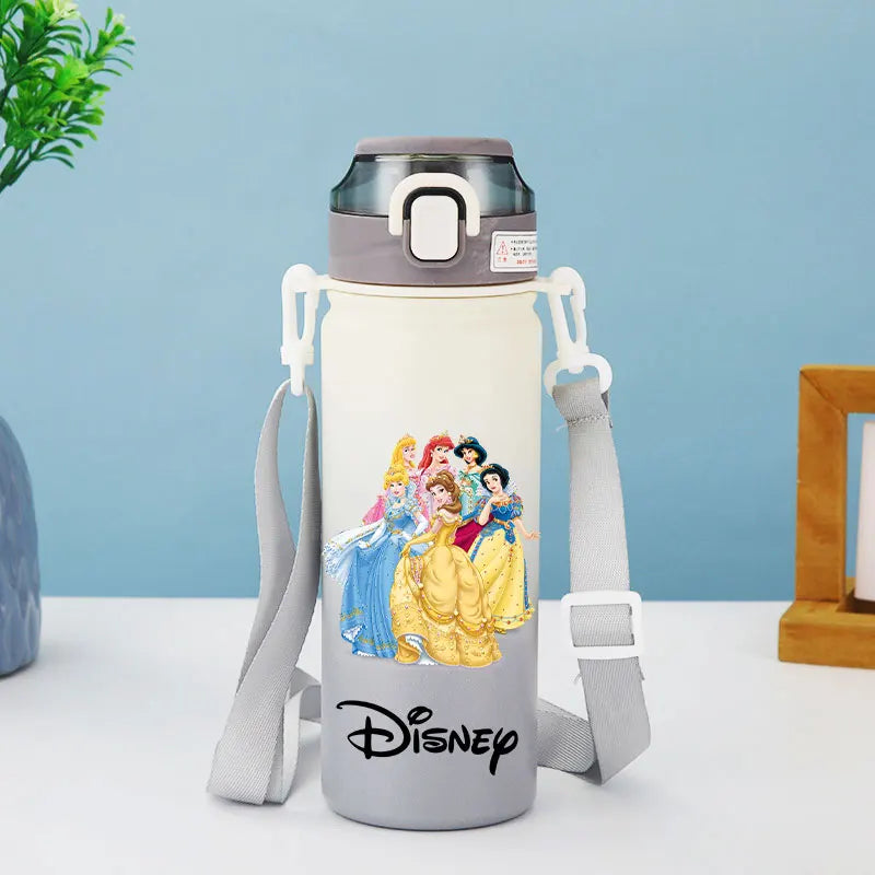 Disney Princesses - Straw Cup, Children's Portable Strap Rope stainless steel Vacuum Water Bottle