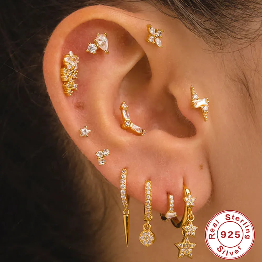 LENNIK 1PC Flat Head Puncture Earring Exquisite Horse Eye Zircon 925 Sterling Silver Stud Earring For Women Piercing Body Jewel