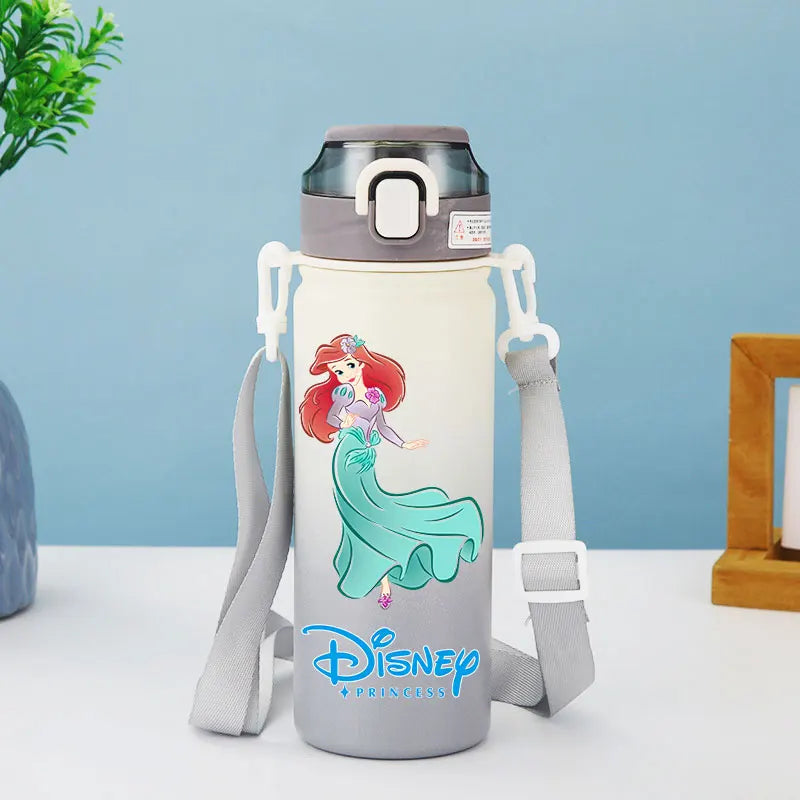 Disney Princesses - Straw Cup, Children's Portable Strap Rope stainless steel Vacuum Water Bottle