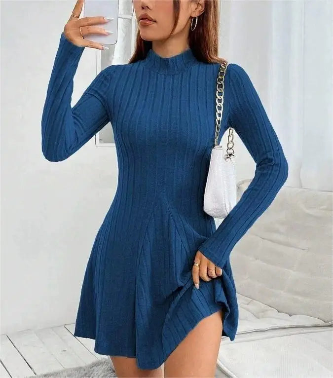 Women's slim fit half high collar waist cinched dress