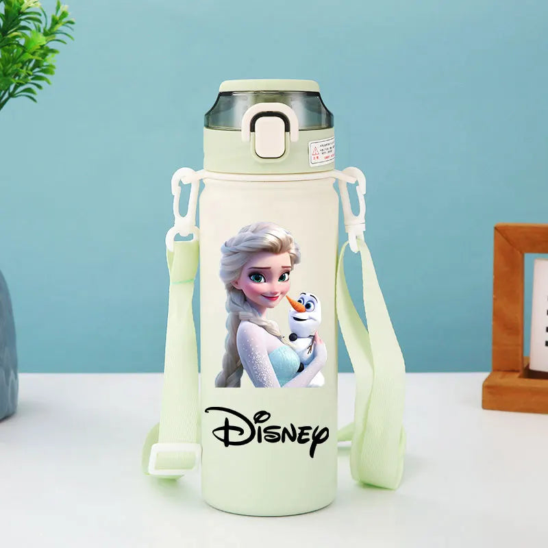 Disney Princesses - Straw Cup, Children's Portable Strap Rope stainless steel Vacuum Water Bottle