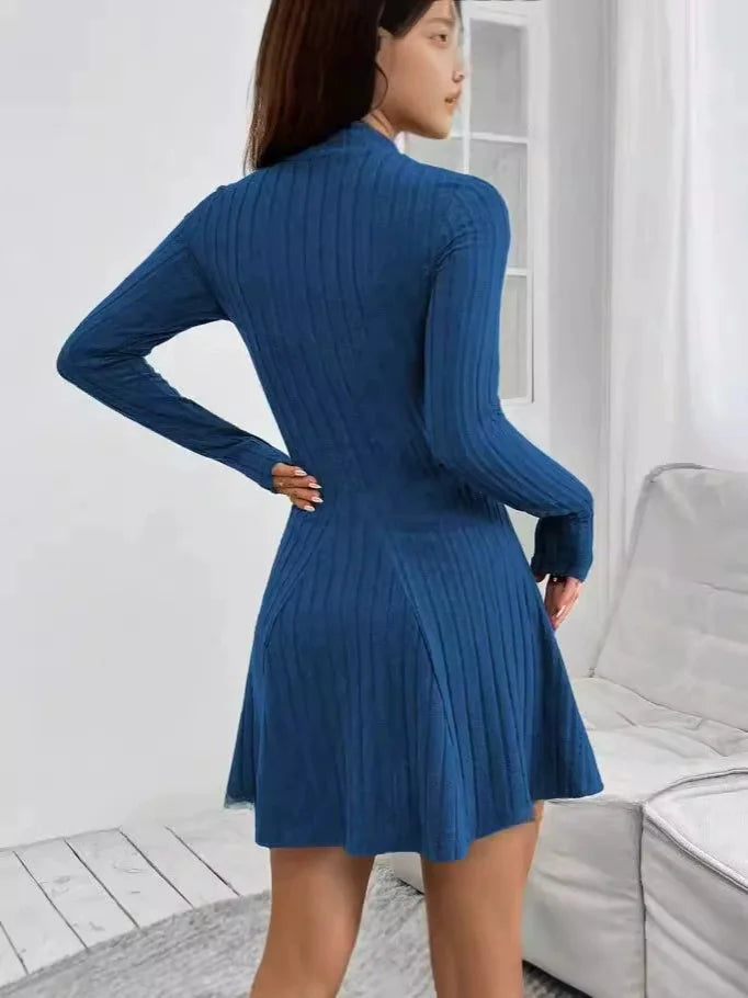 Women's slim fit half high collar waist cinched dress