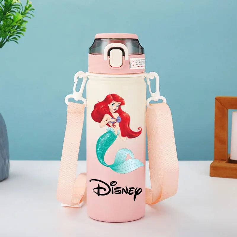 Disney Princesses - Straw Cup, Children's Portable Strap Rope stainless steel Vacuum Water Bottle
