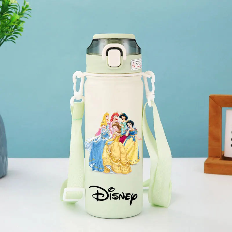 Disney Princesses - Straw Cup, Children's Portable Strap Rope stainless steel Vacuum Water Bottle