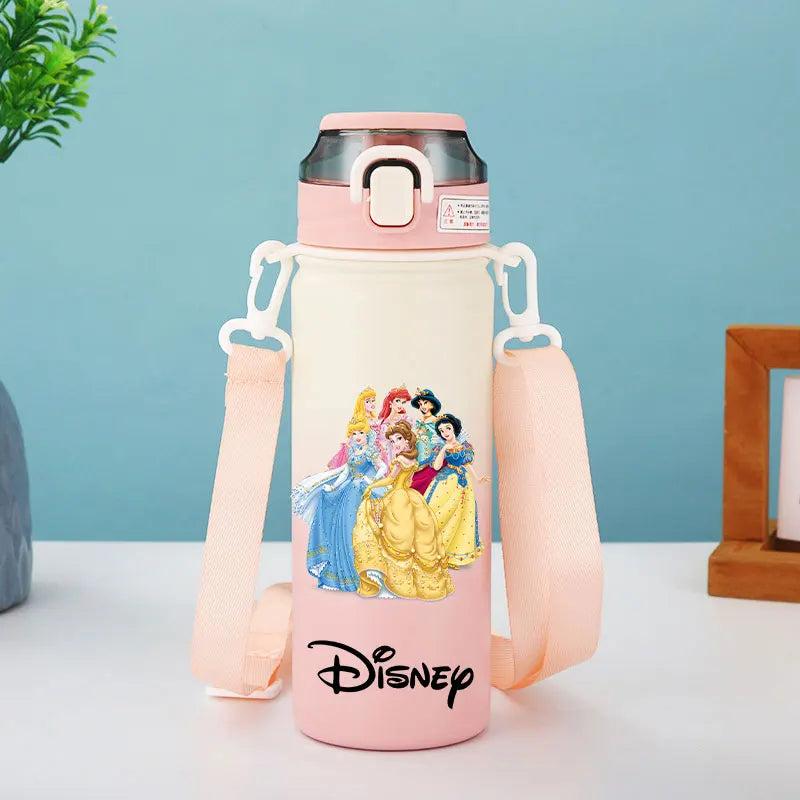 Disney Princesses - Straw Cup, Children's Portable Strap Rope stainless steel Vacuum Water Bottle