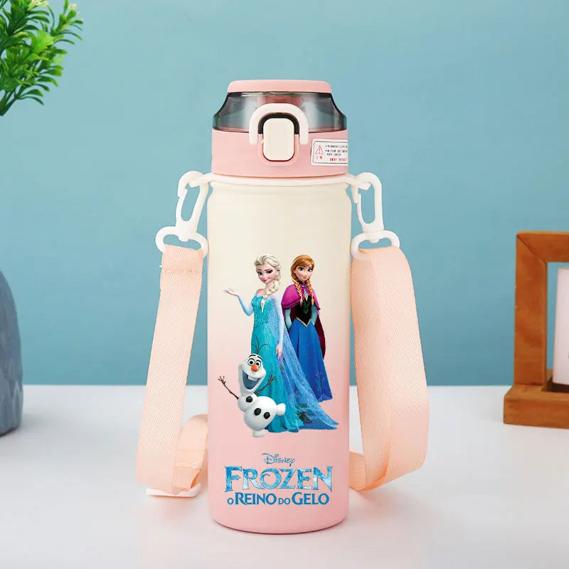 Disney Princesses - Straw Cup, Children's Portable Strap Rope stainless steel Vacuum Water Bottle