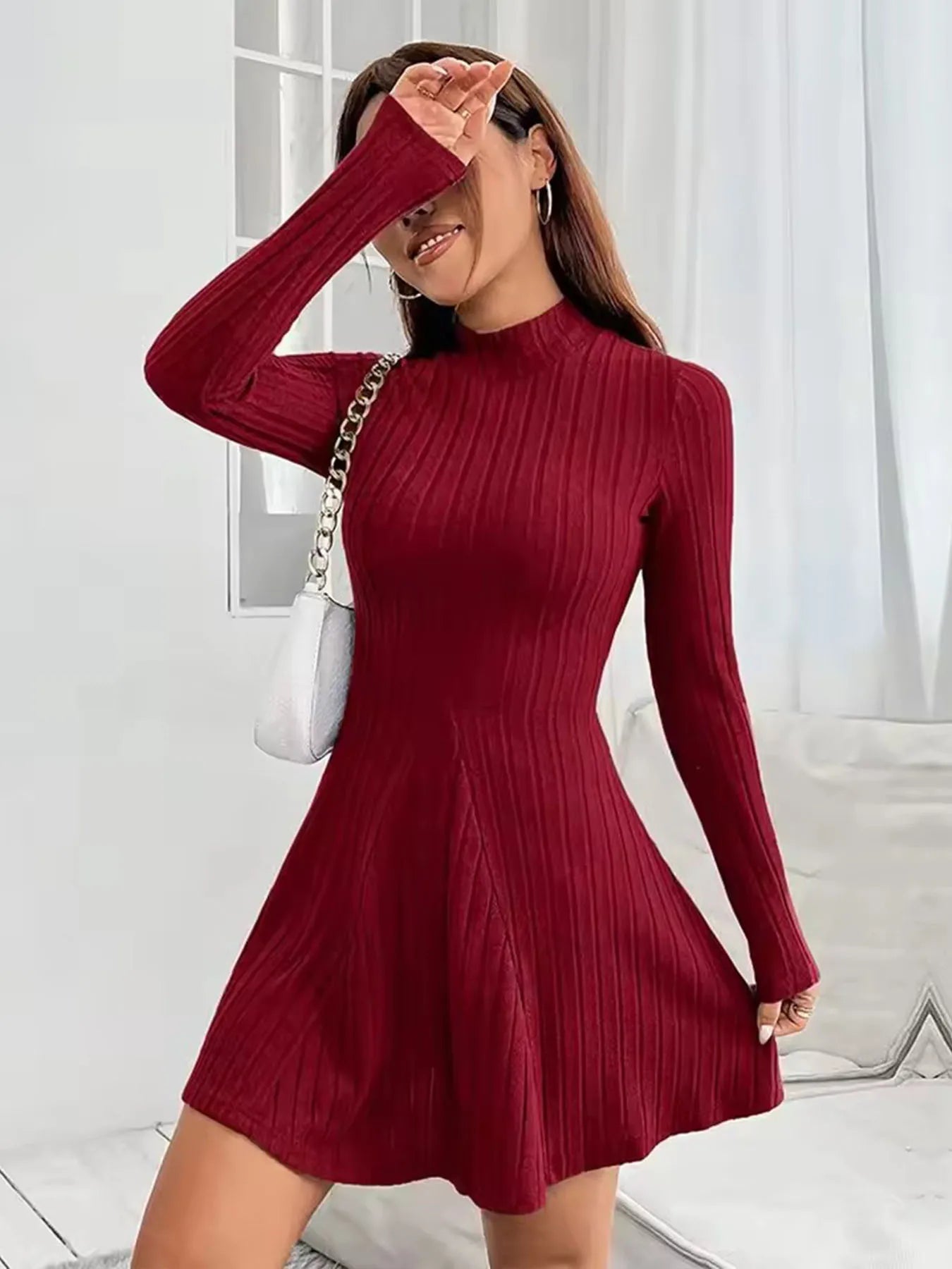 Women's slim fit half high collar waist cinched dress