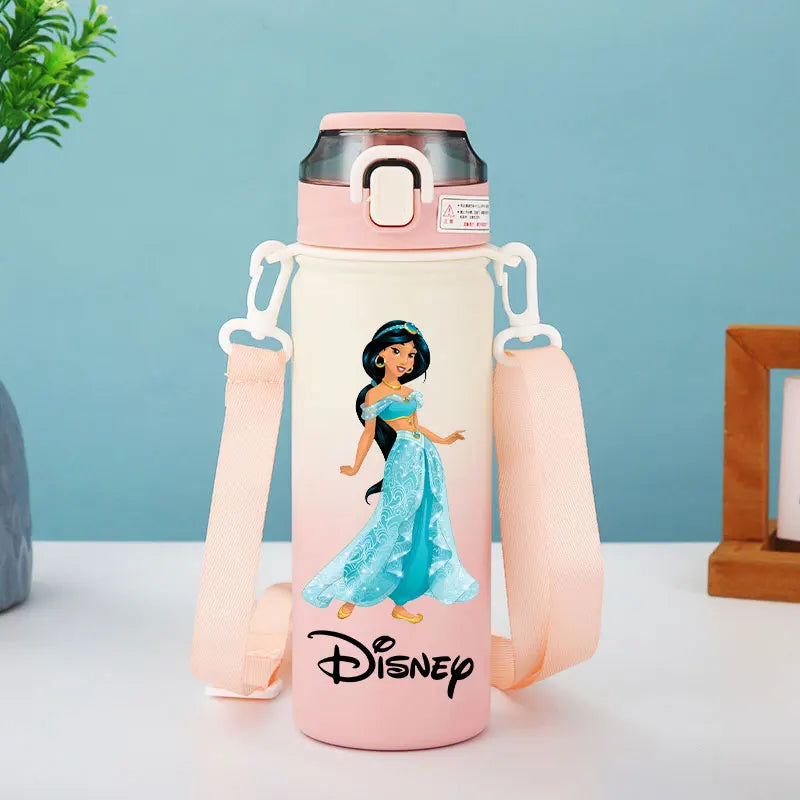 Disney Princesses - Straw Cup, Children's Portable Strap Rope stainless steel Vacuum Water Bottle