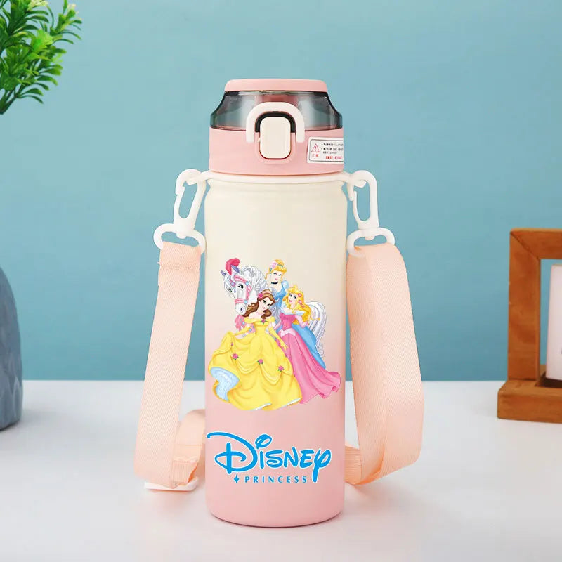 Disney Princesses - Straw Cup, Children's Portable Strap Rope stainless steel Vacuum Water Bottle