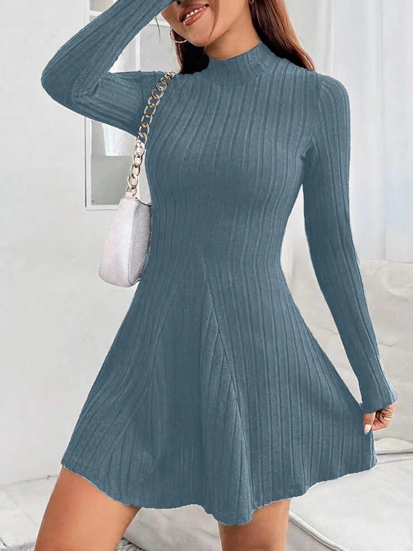 Women's slim fit half high collar waist cinched dress