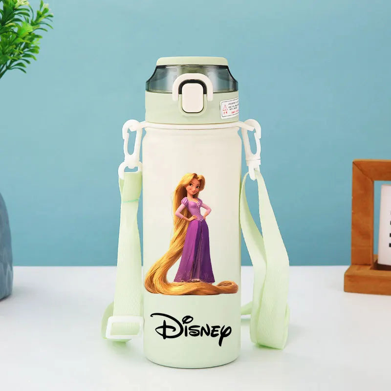 Disney Princesses - Straw Cup, Children's Portable Strap Rope stainless steel Vacuum Water Bottle